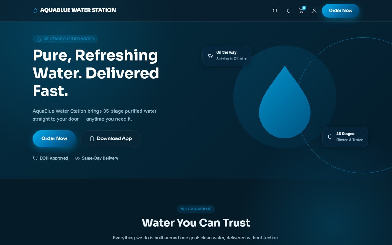 AquaBlue Water Station website: Pure, Refreshing Water. Delivered Fast.